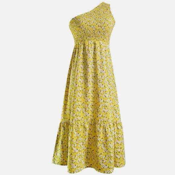SEXYASASII Yellow Floral Smocked One-Shoulder Boho Midi Dress Size Small NWT - Picture 6 of 6